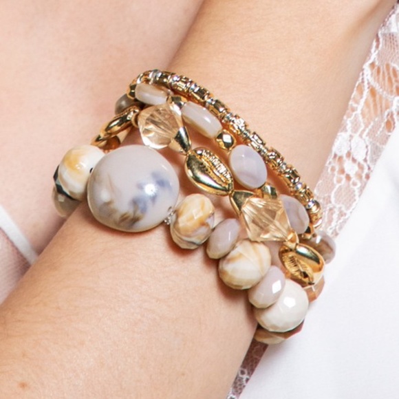 Barbados Multi Layered Mixed Glass Beaded Stretch Gold Tone Shell Bracelet Set - Picture 4 of 5